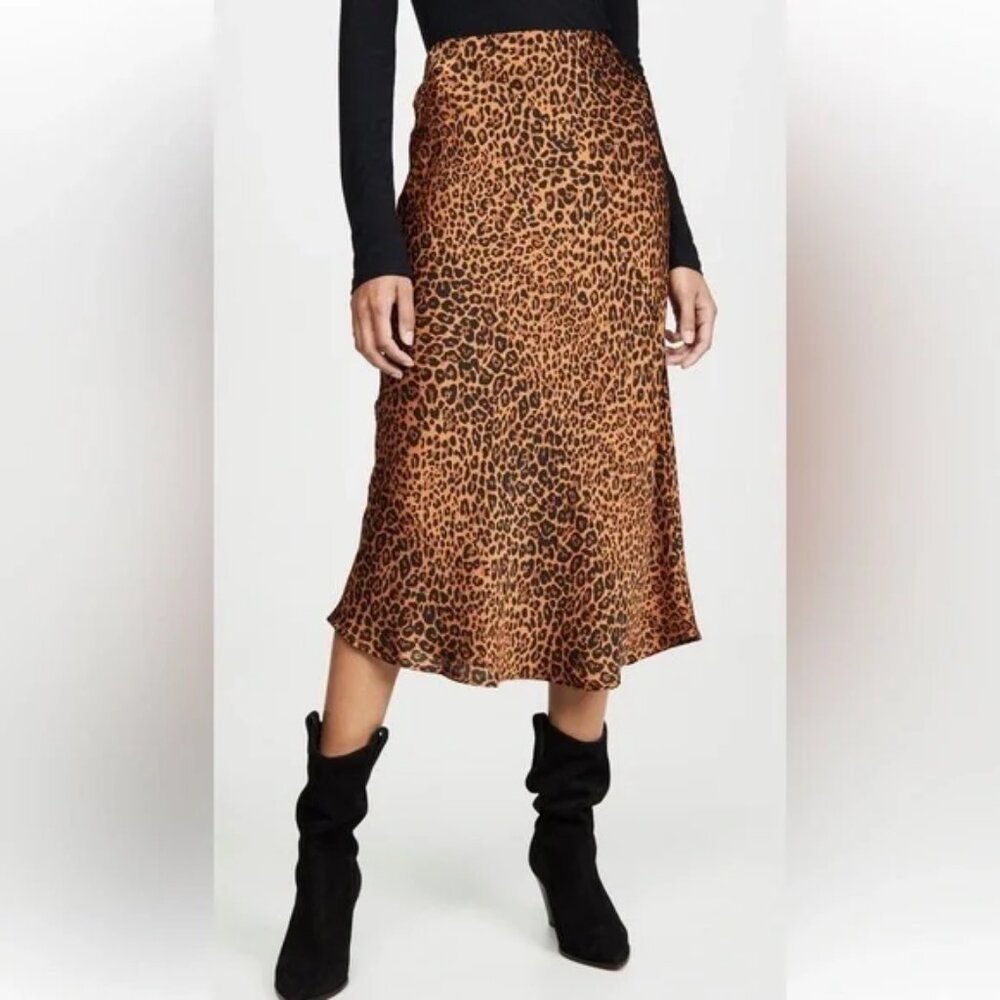 Womens Re:named Brown Black Leopard Print Elastic Waist Satin Midi Skirt S